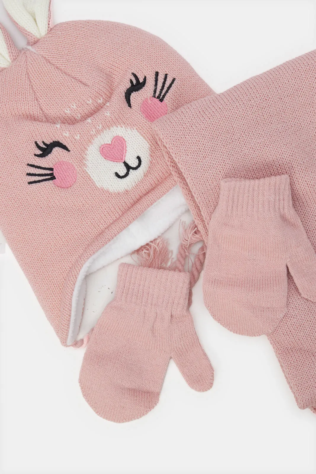 Girls Pink Embellished Knitted Cap Set (3 Piece)