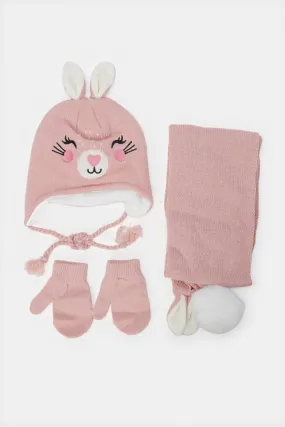 Girls Pink Embellished Knitted Cap Set (3 Piece)
