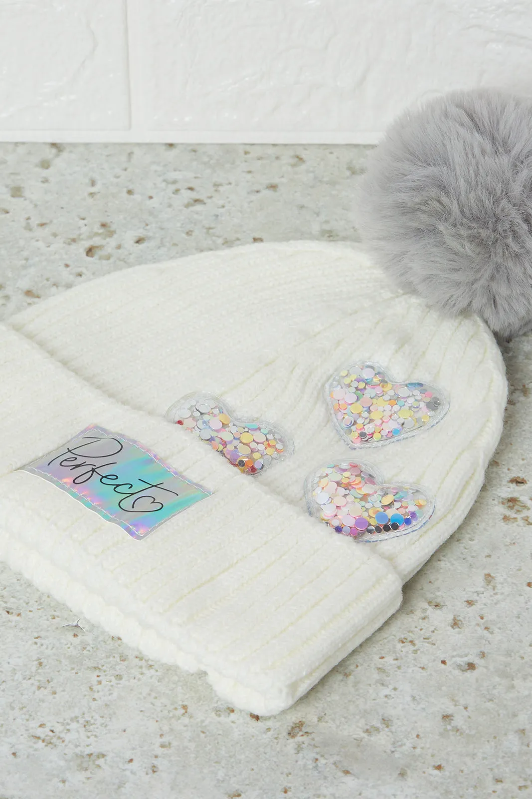 Girls White Embellished Icecap With Gloves Set (2 Piece)