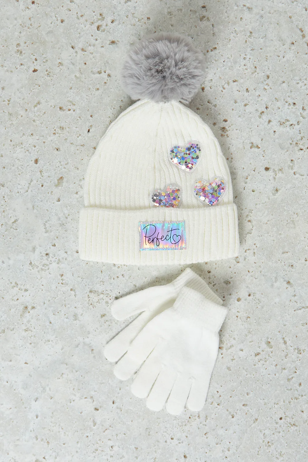 Girls White Embellished Icecap With Gloves Set (2 Piece)