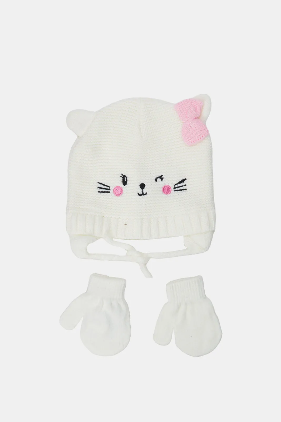 Girls White Embellished Knitted Cap With Gloves Set (2 Piece)