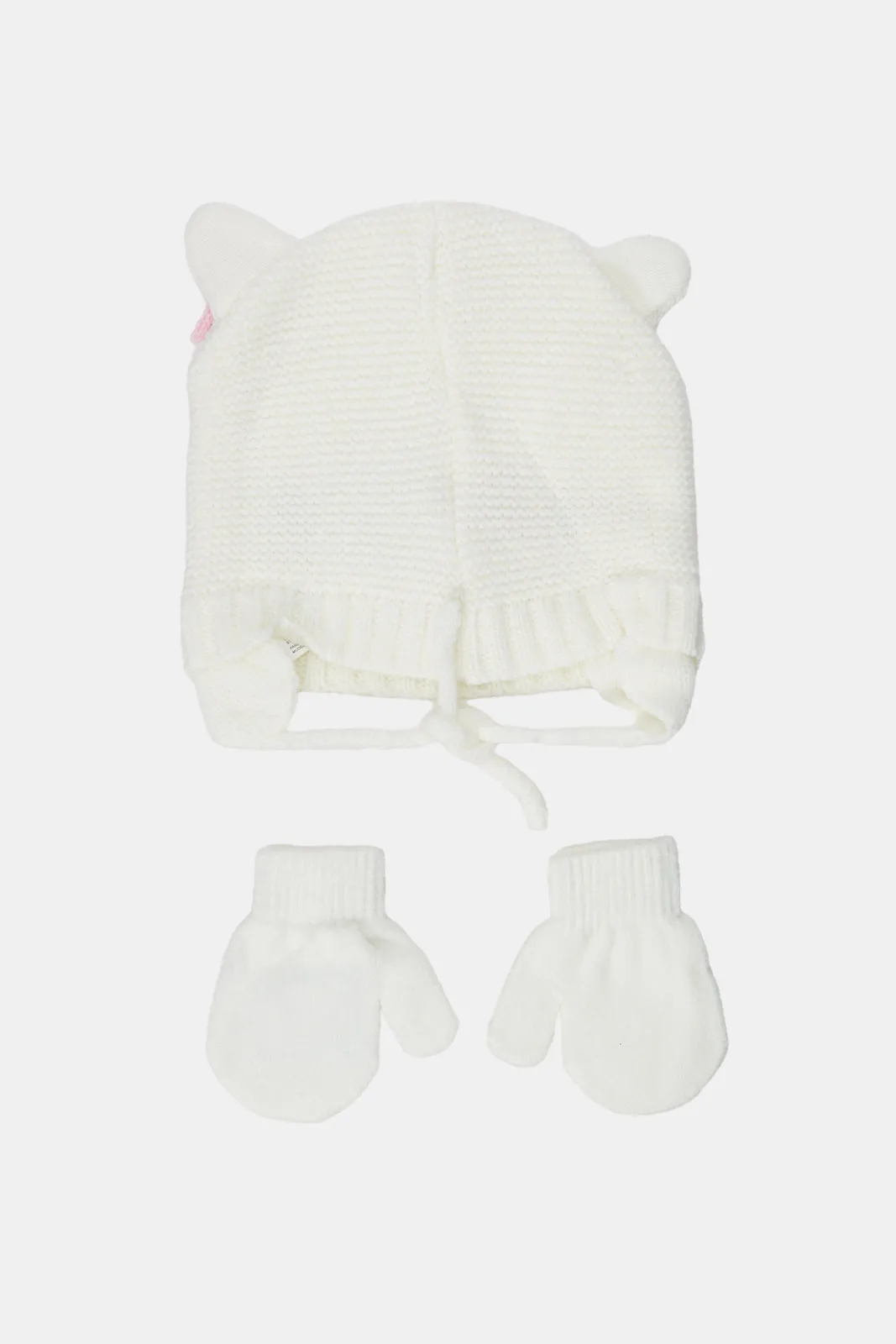 Girls White Embellished Knitted Cap With Gloves Set (2 Piece)