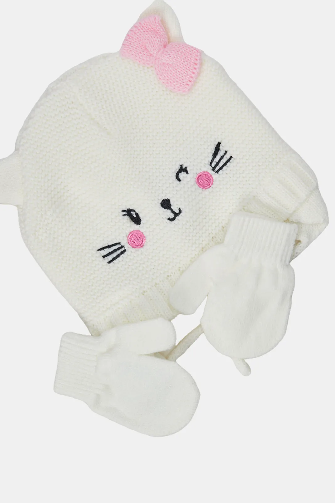 Girls White Embellished Knitted Cap With Gloves Set (2 Piece)