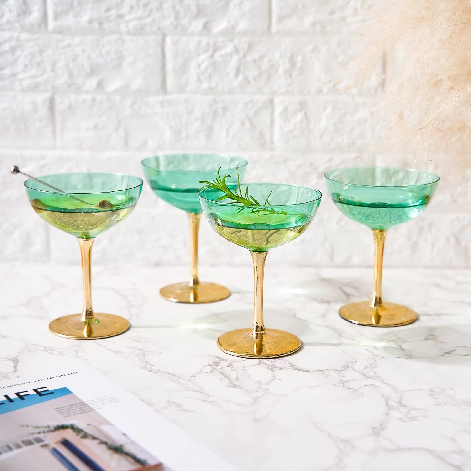 Gold & Green Coupe Art Deco Glasses, Gold | Set of 4 | 12 oz