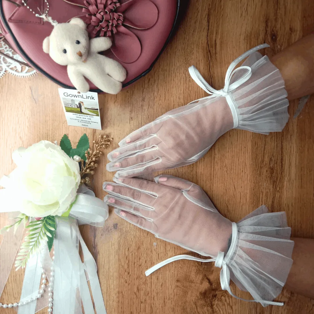 GownLink's Elegant Bridal Gloves Embellished with Satin Ribbon for Christian & Catholic  Wedding G116