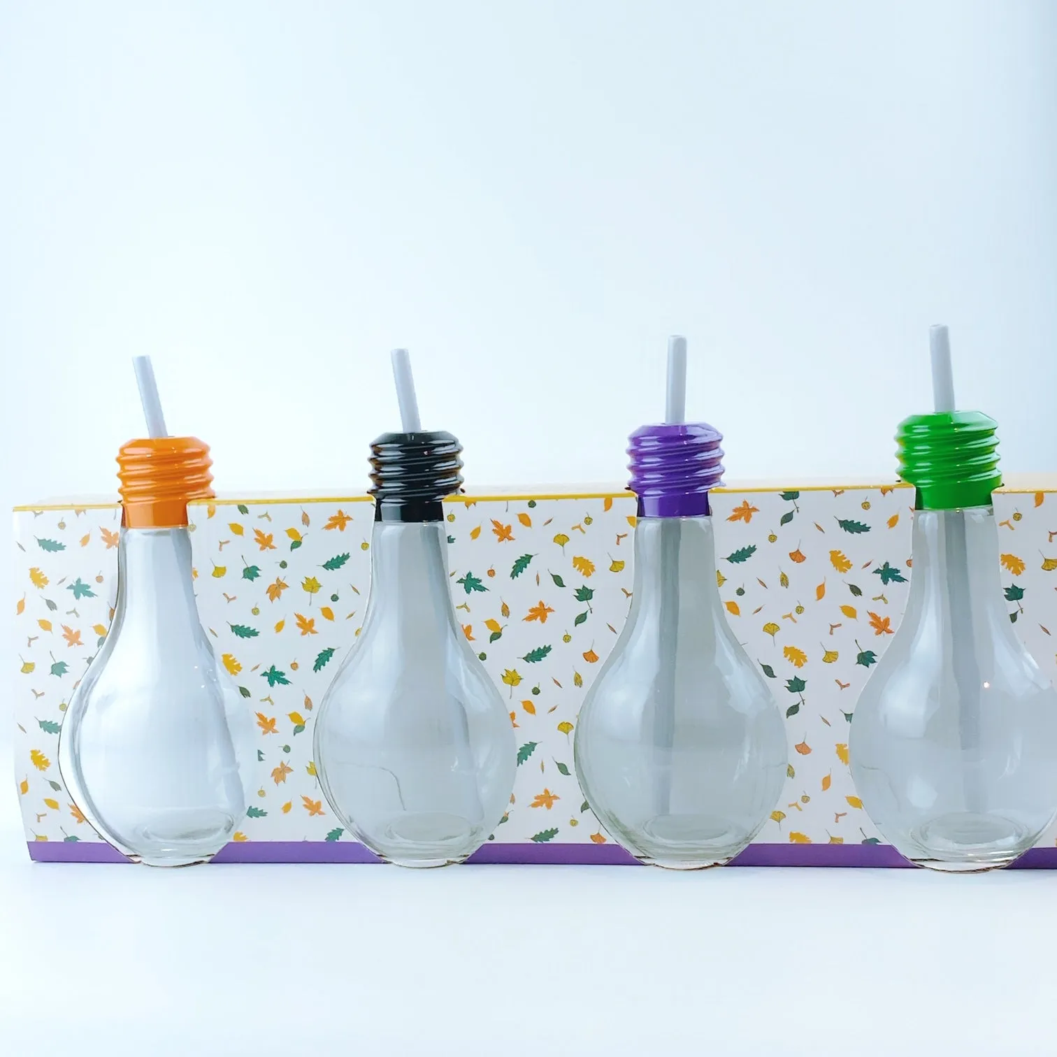 Harvest Parade Light Bulb Shaped Glass Bottle Drinking Glasses With Straws