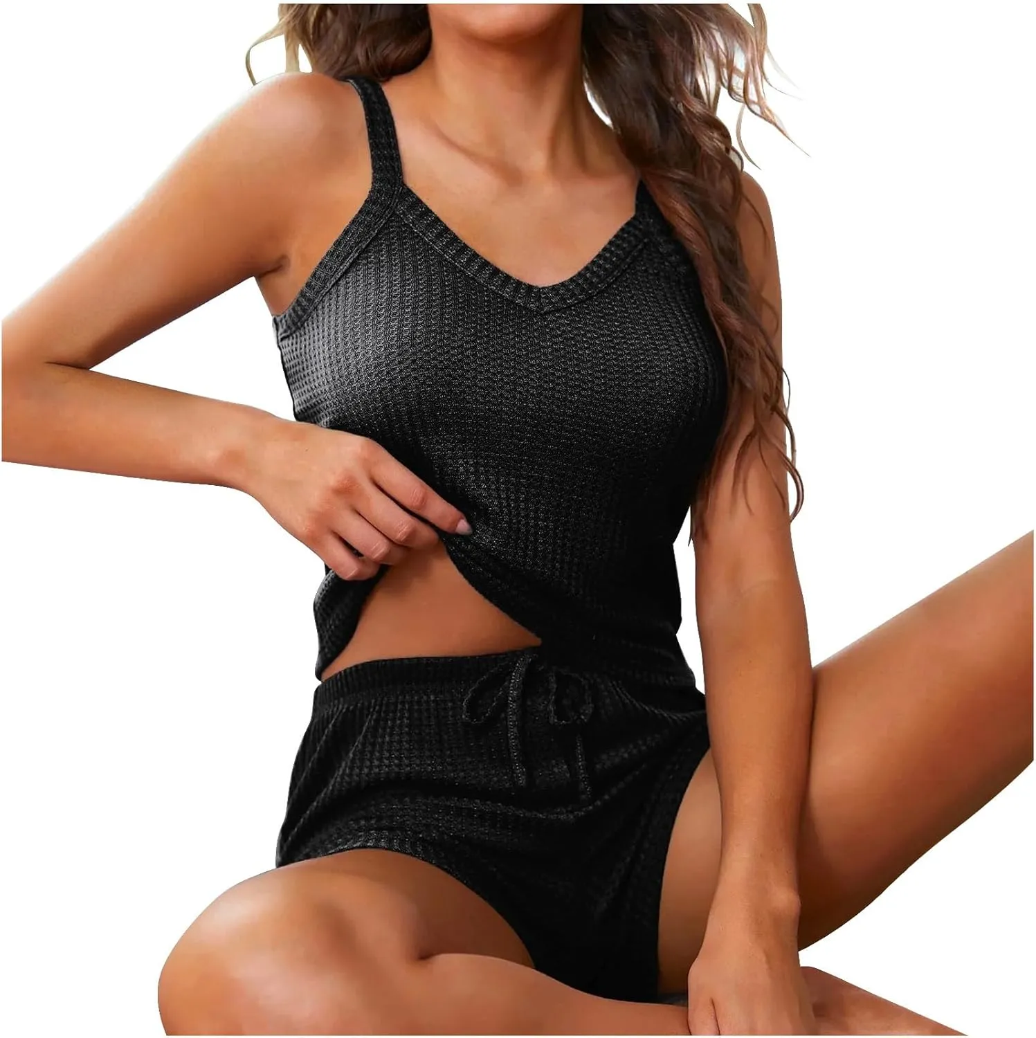 HGps8w Pajamas Set for Women Waffle Knit 2 Piece Outfits Sexy Crop Cami Top and Drawstring Shorts Soft Sleepwear Lounge Sets