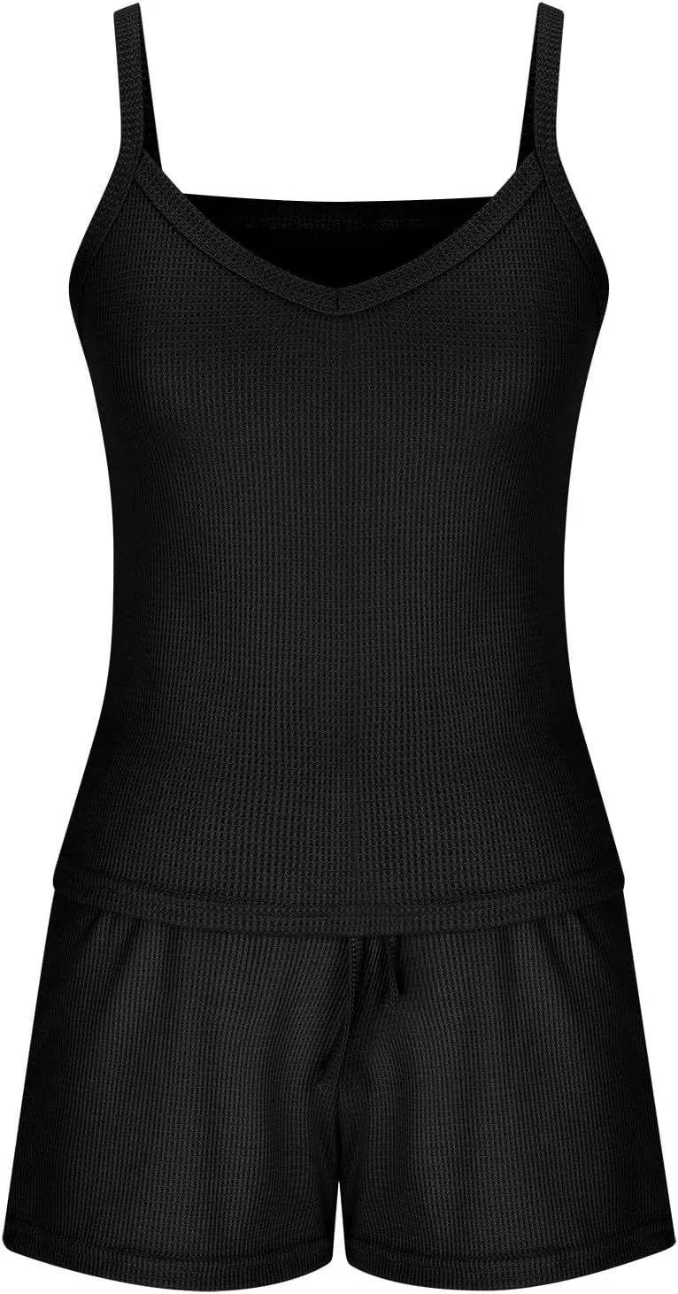 HGps8w Pajamas Set for Women Waffle Knit 2 Piece Outfits Sexy Crop Cami Top and Drawstring Shorts Soft Sleepwear Lounge Sets