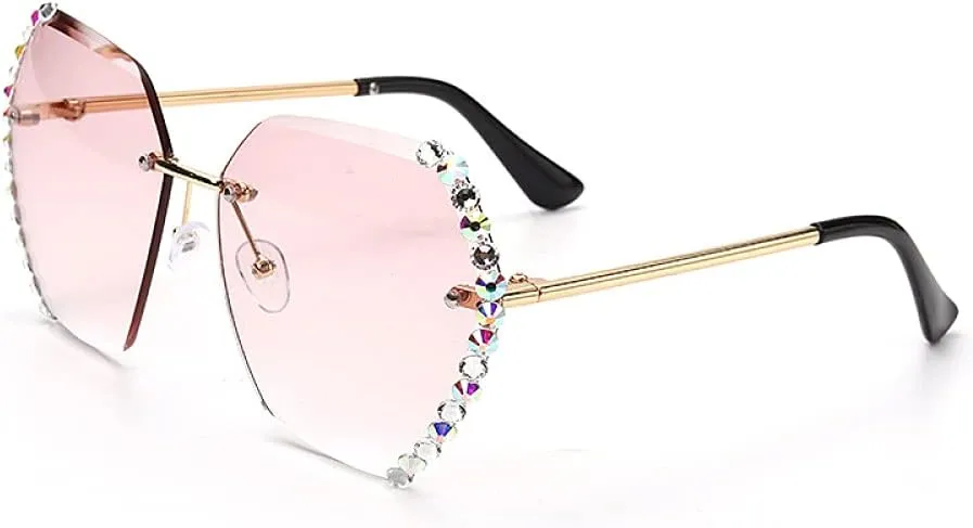 HMRGLMIE-Crystal Rimless Sunglasses Women Designer Rhinestone Frameless Gradual Sun Glasses Shades Hexagon