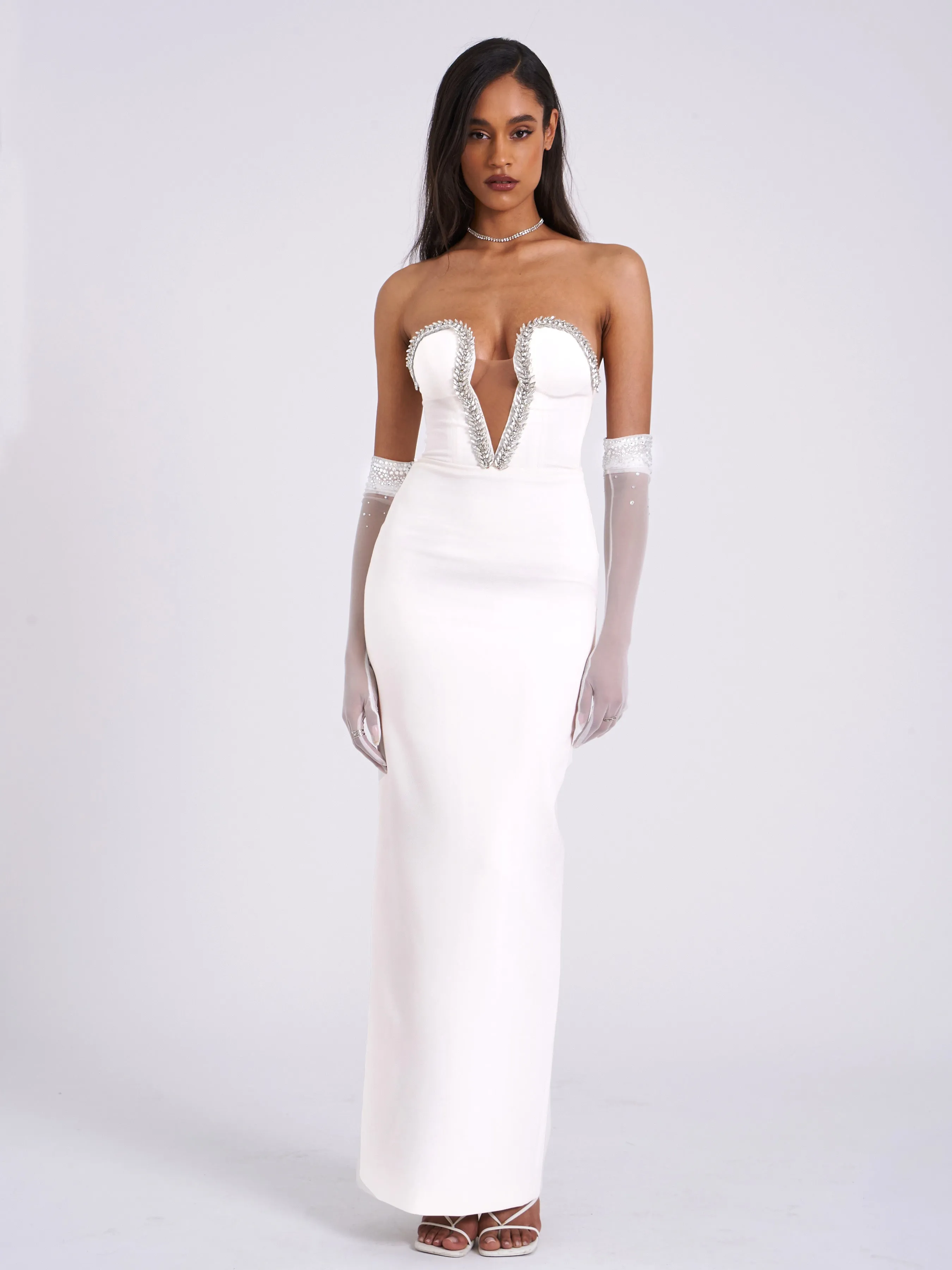 Ivanna White Crystal Charming Embellished Maxi Dress