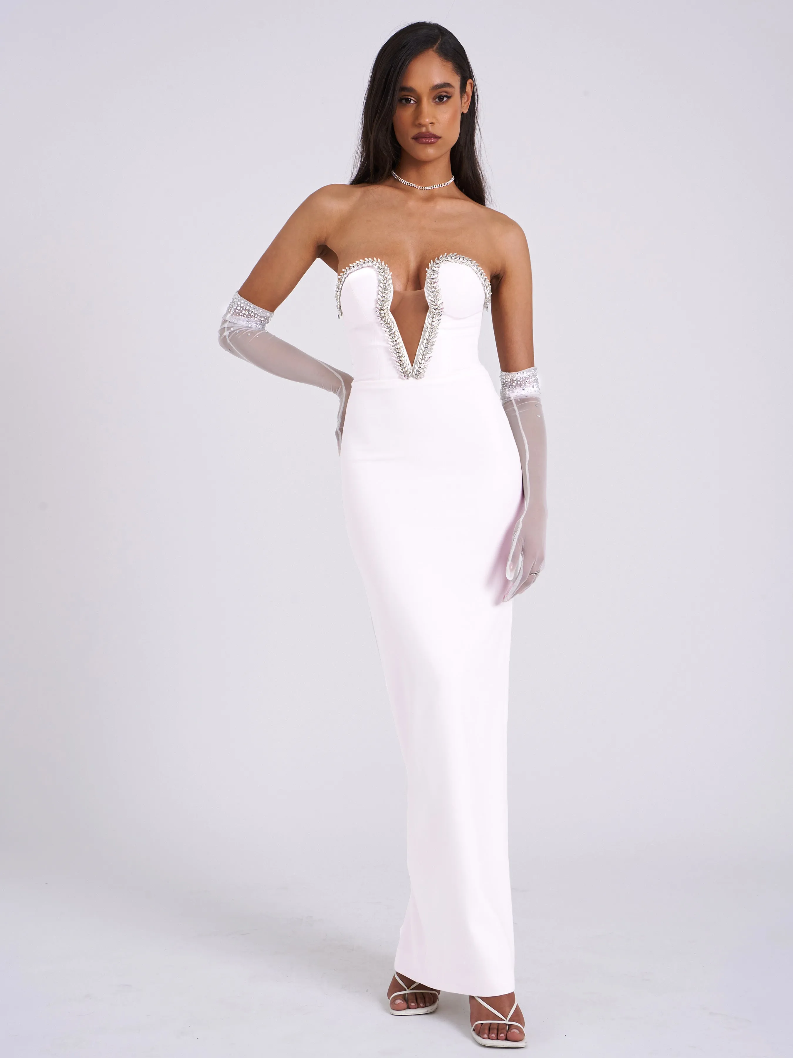 Ivanna White Crystal Charming Embellished Maxi Dress