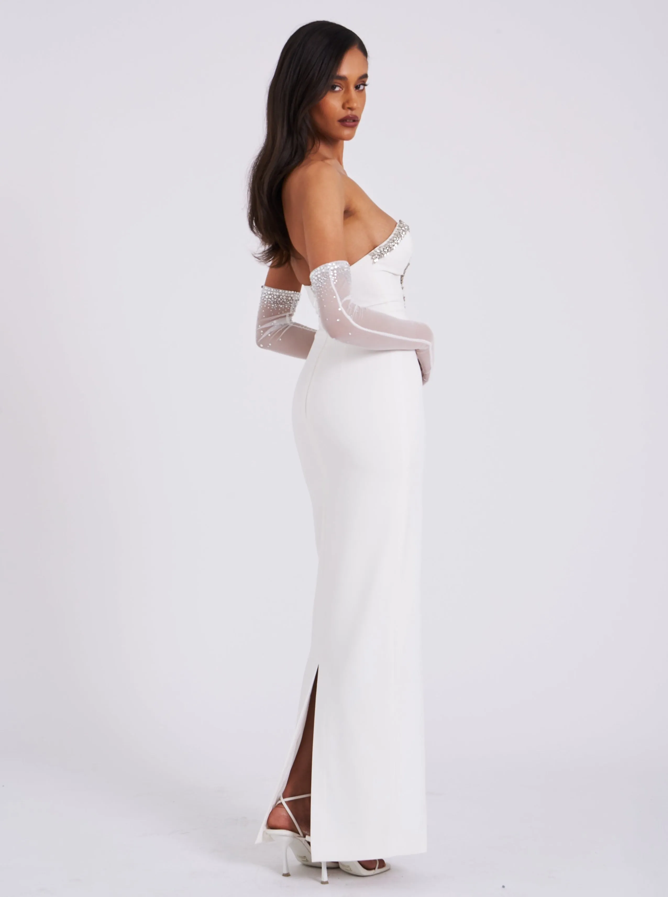 Ivanna White Crystal Charming Embellished Maxi Dress