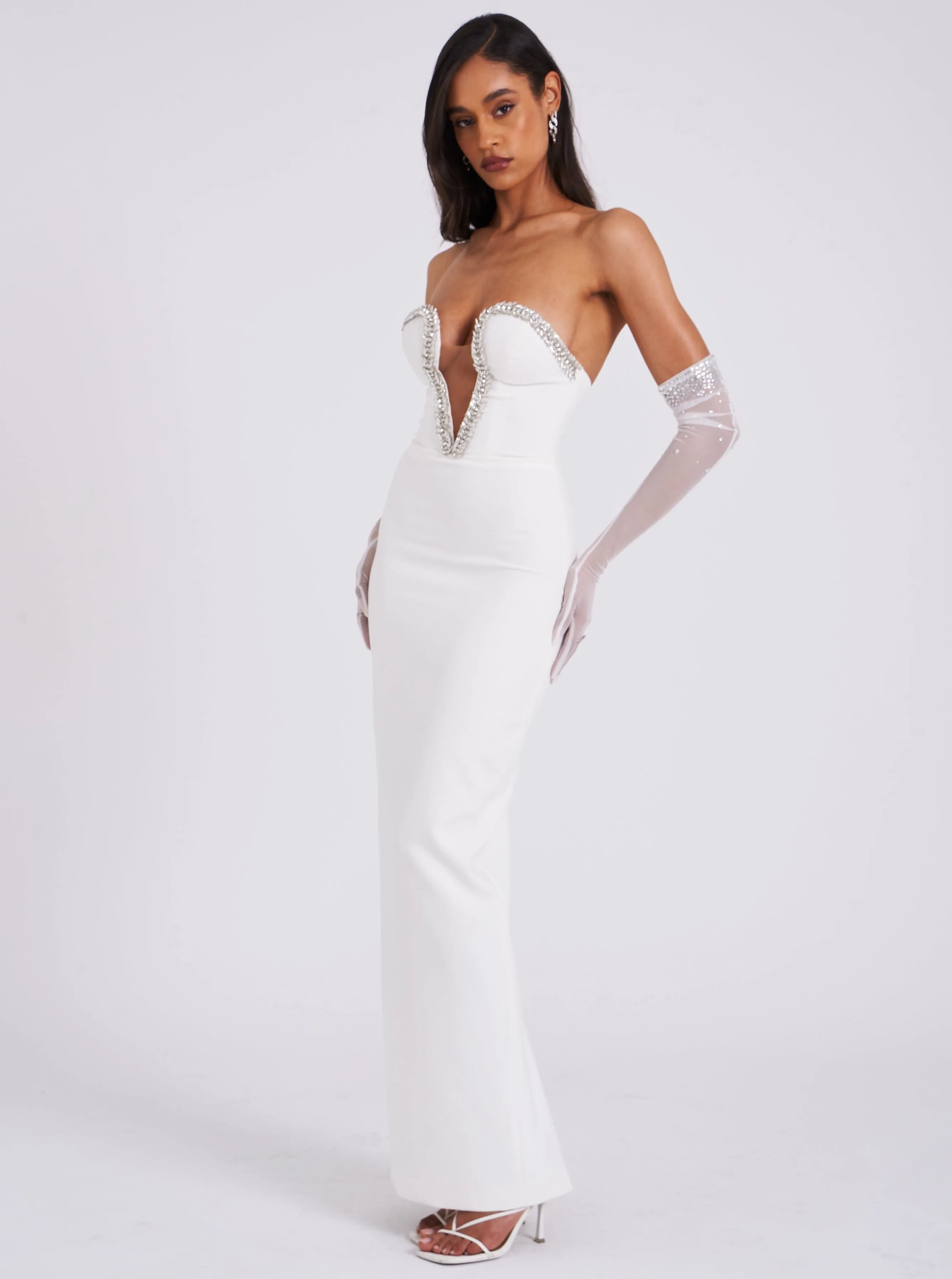 Ivanna White Crystal Charming Embellished Maxi Dress