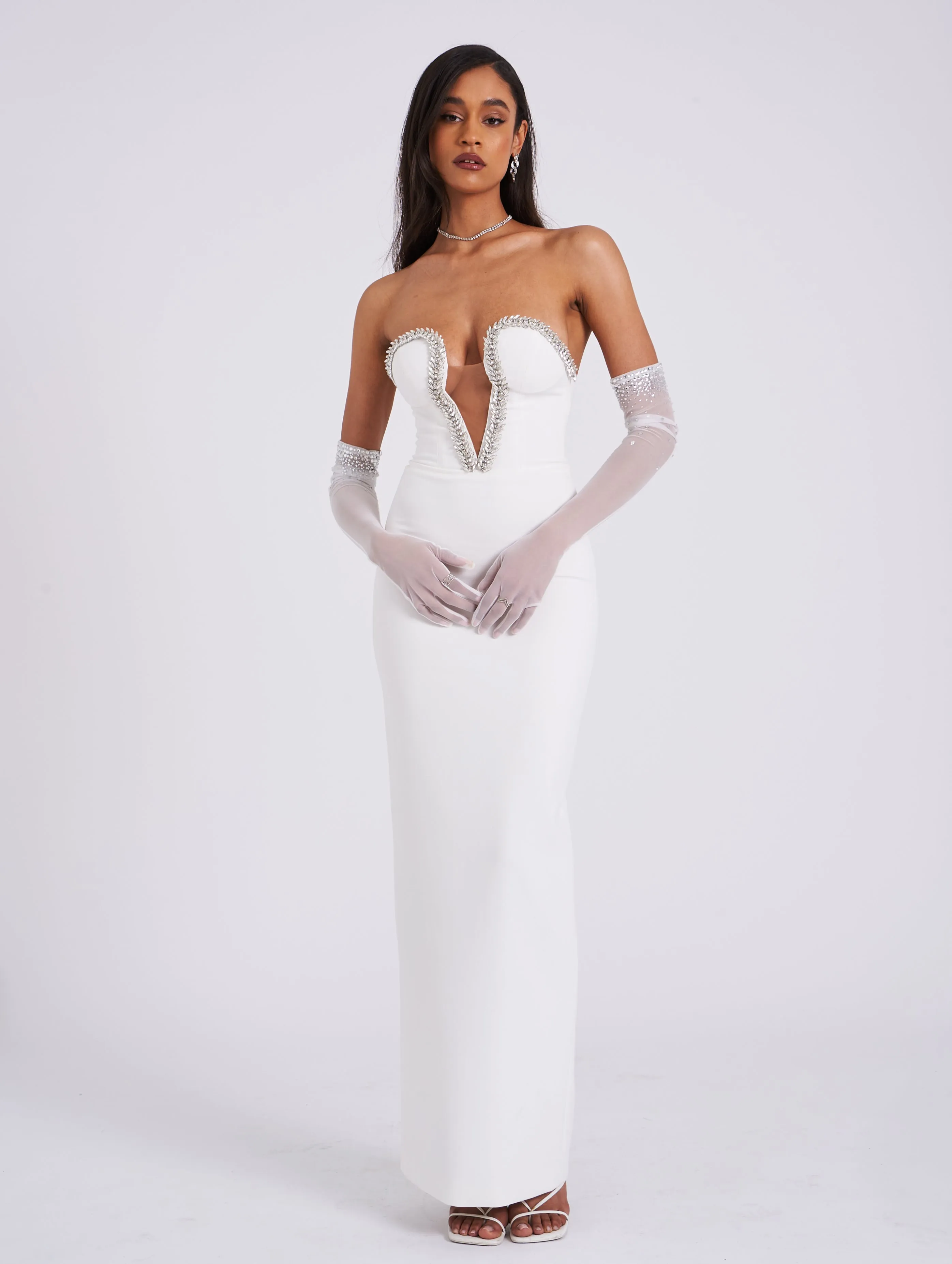 Ivanna White Crystal Charming Embellished Maxi Dress