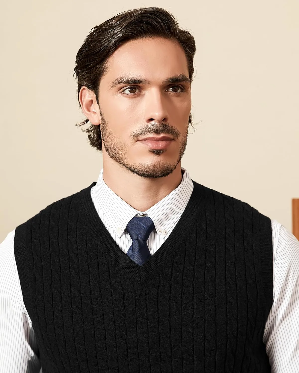 Kallspin Mens Cable Knit Sweater Vest Pure Cotton V-Neck Sleeveless Knitted Pullover for Fall Winter