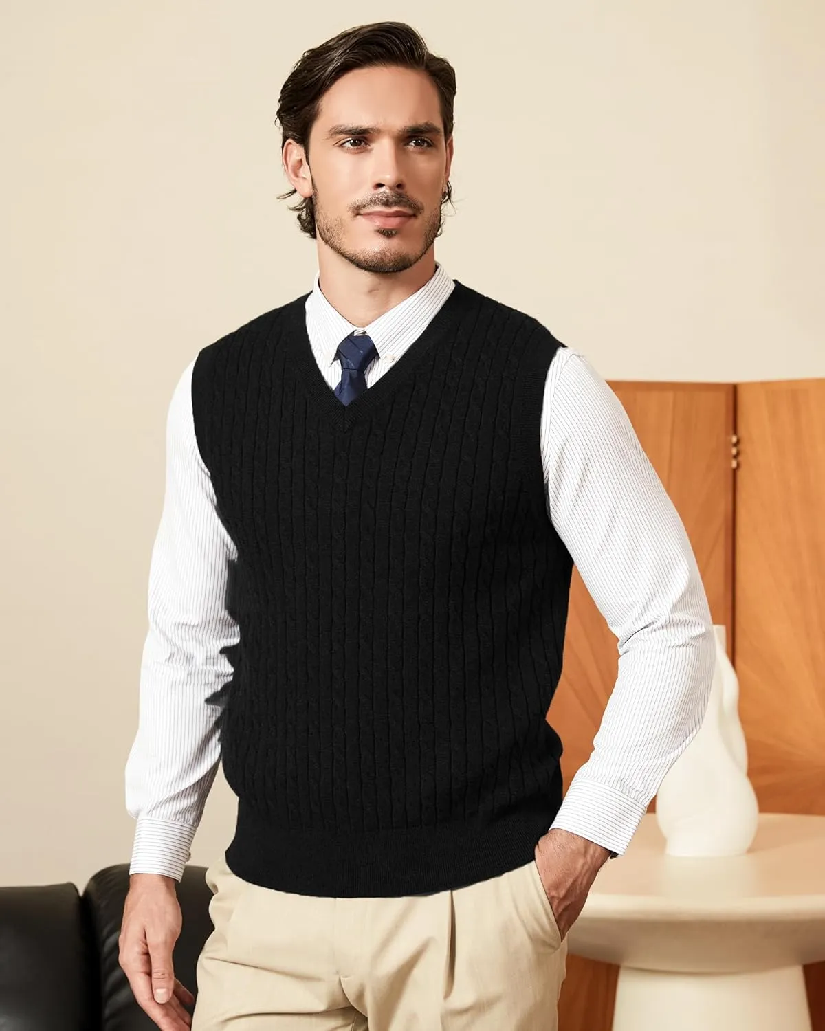 Kallspin Mens Cable Knit Sweater Vest Pure Cotton V-Neck Sleeveless Knitted Pullover for Fall Winter