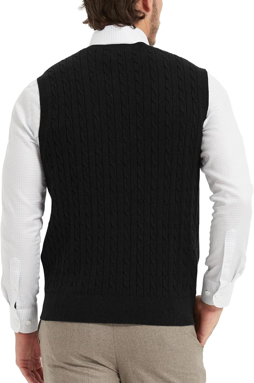Kallspin Mens Cable Knit Sweater Vest Pure Cotton V-Neck Sleeveless Knitted Pullover for Fall Winter