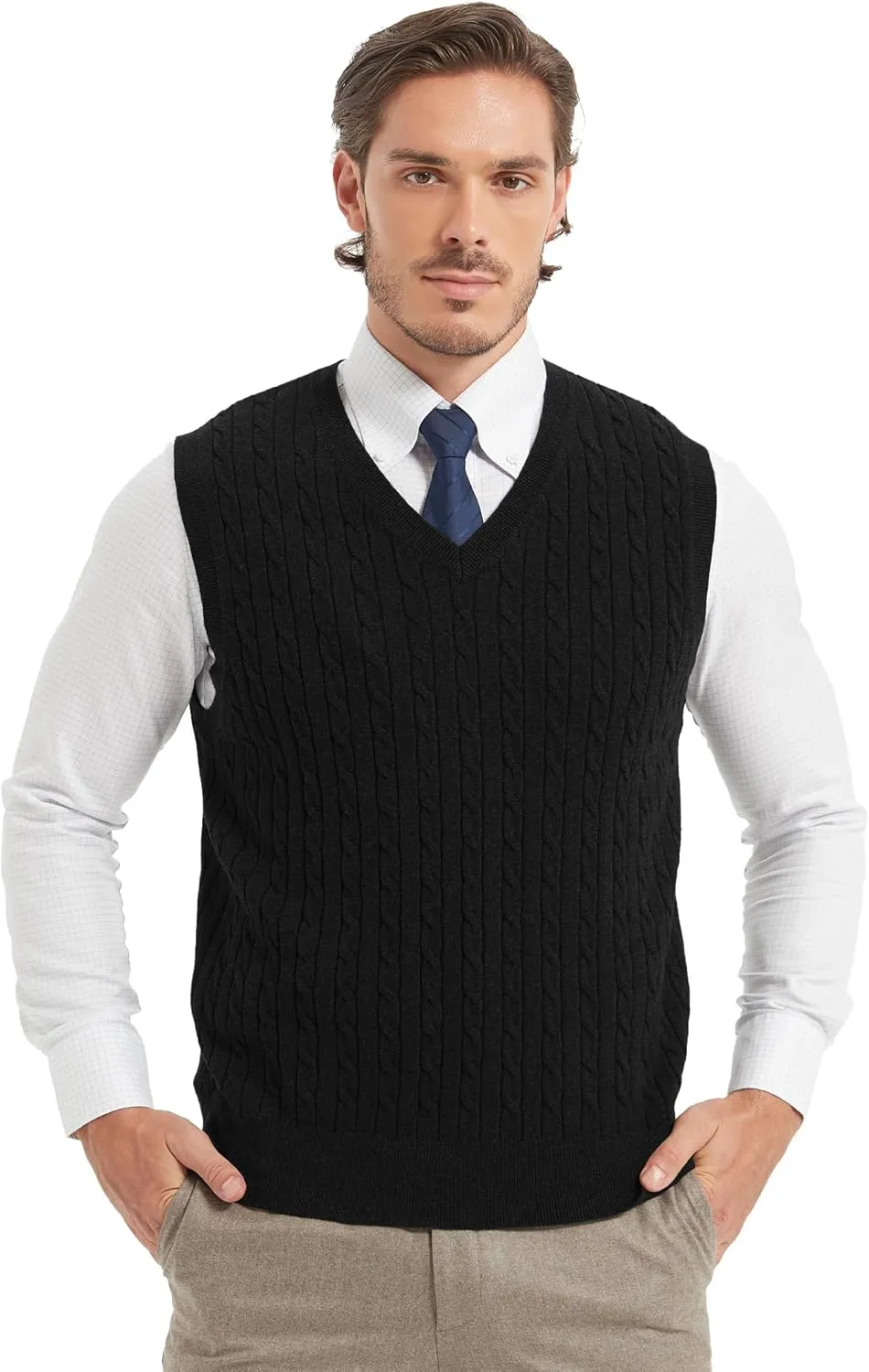 Kallspin Mens Cable Knit Sweater Vest Pure Cotton V-Neck Sleeveless Knitted Pullover for Fall Winter