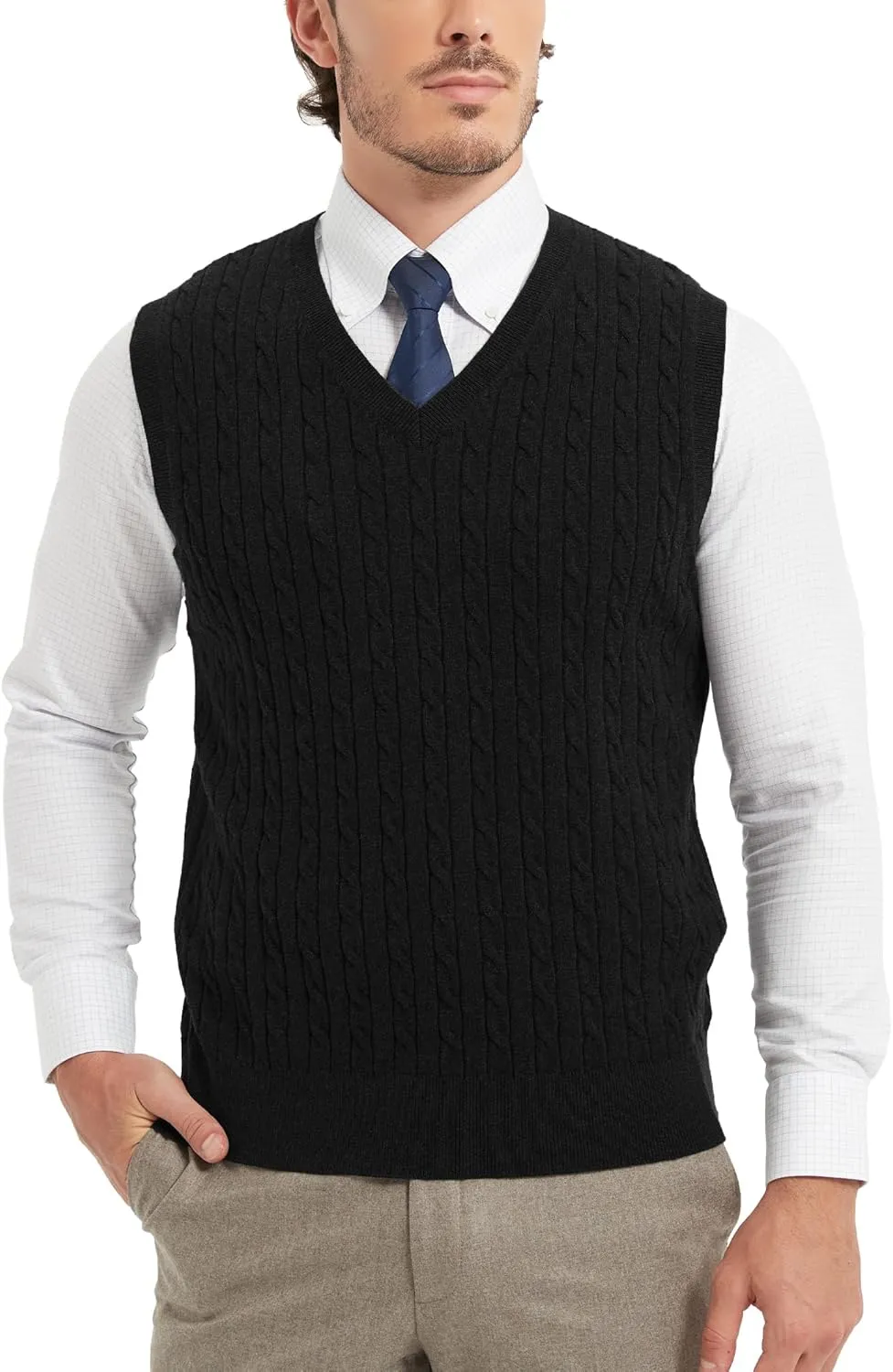 Kallspin Mens Cable Knit Sweater Vest Pure Cotton V-Neck Sleeveless Knitted Pullover for Fall Winter