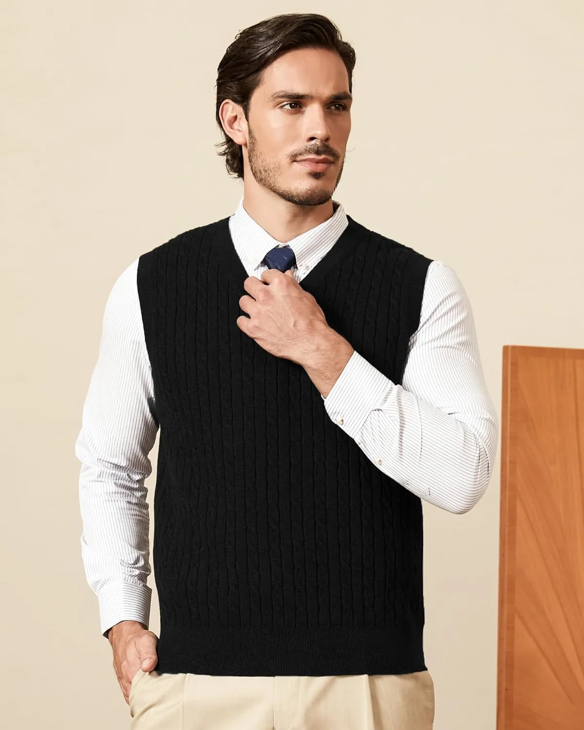 Kallspin Mens Cable Knit Sweater Vest Pure Cotton V-Neck Sleeveless Knitted Pullover for Fall Winter