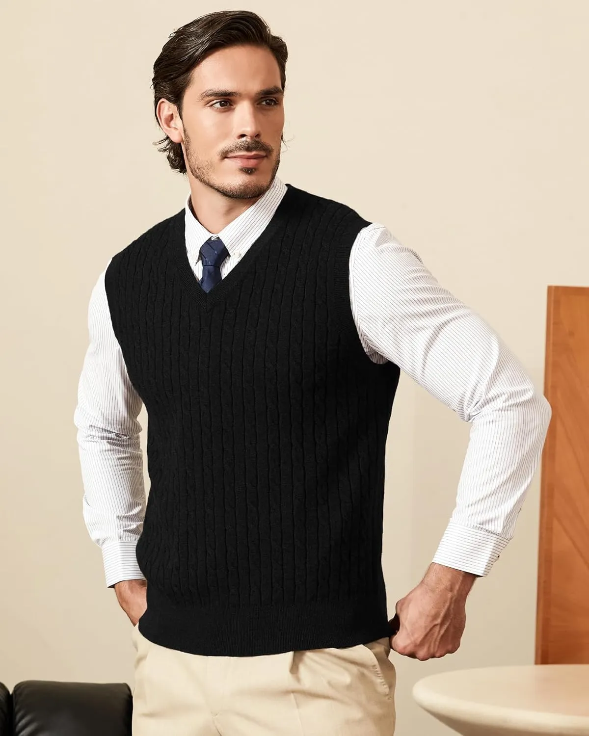 Kallspin Mens Cable Knit Sweater Vest Pure Cotton V-Neck Sleeveless Knitted Pullover for Fall Winter