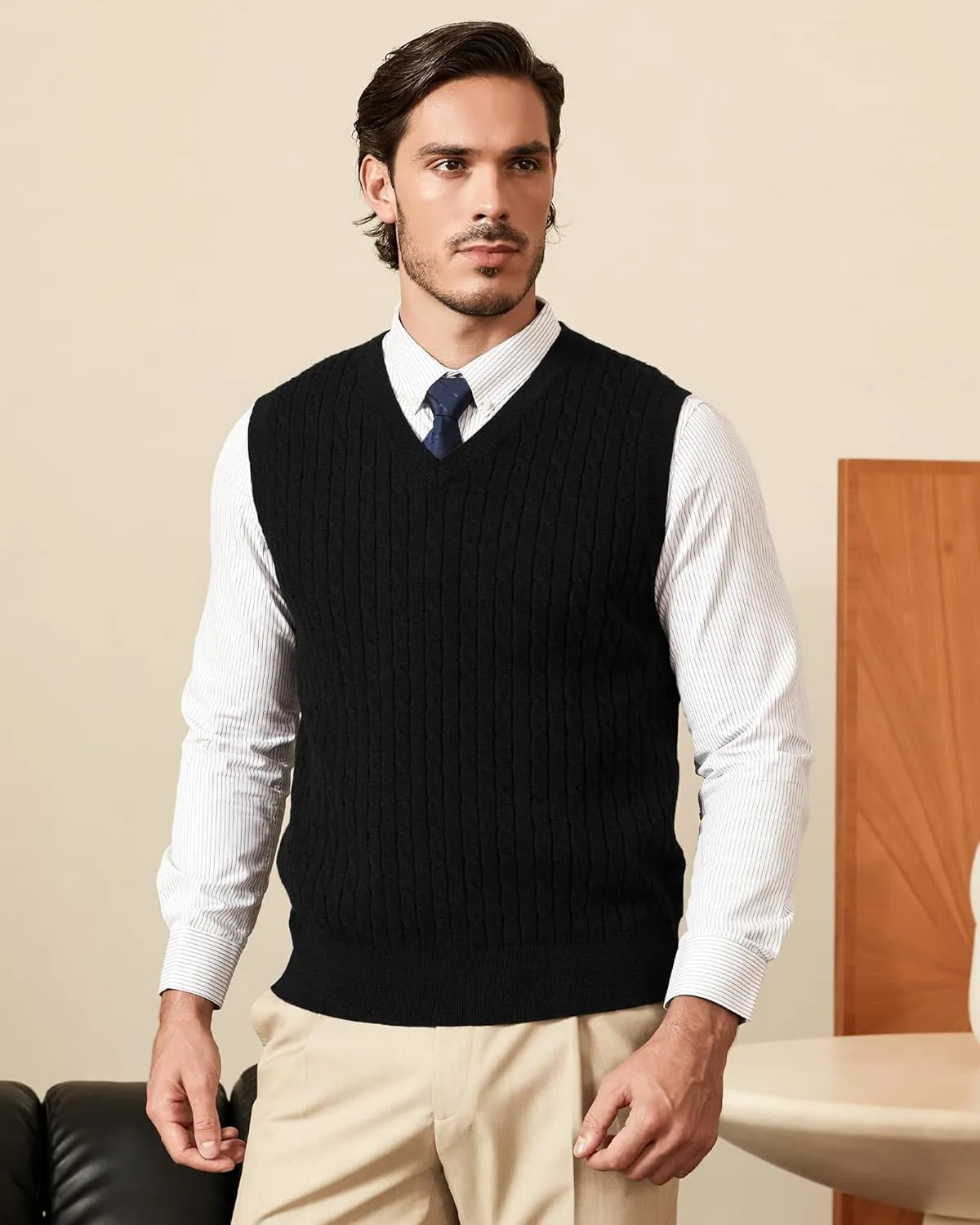 Kallspin Mens Cable Knit Sweater Vest Pure Cotton V-Neck Sleeveless Knitted Pullover for Fall Winter