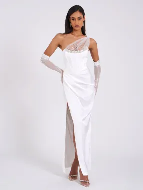 Lora White Crystal Embellished Graceful Mesh Satin Corset Gown