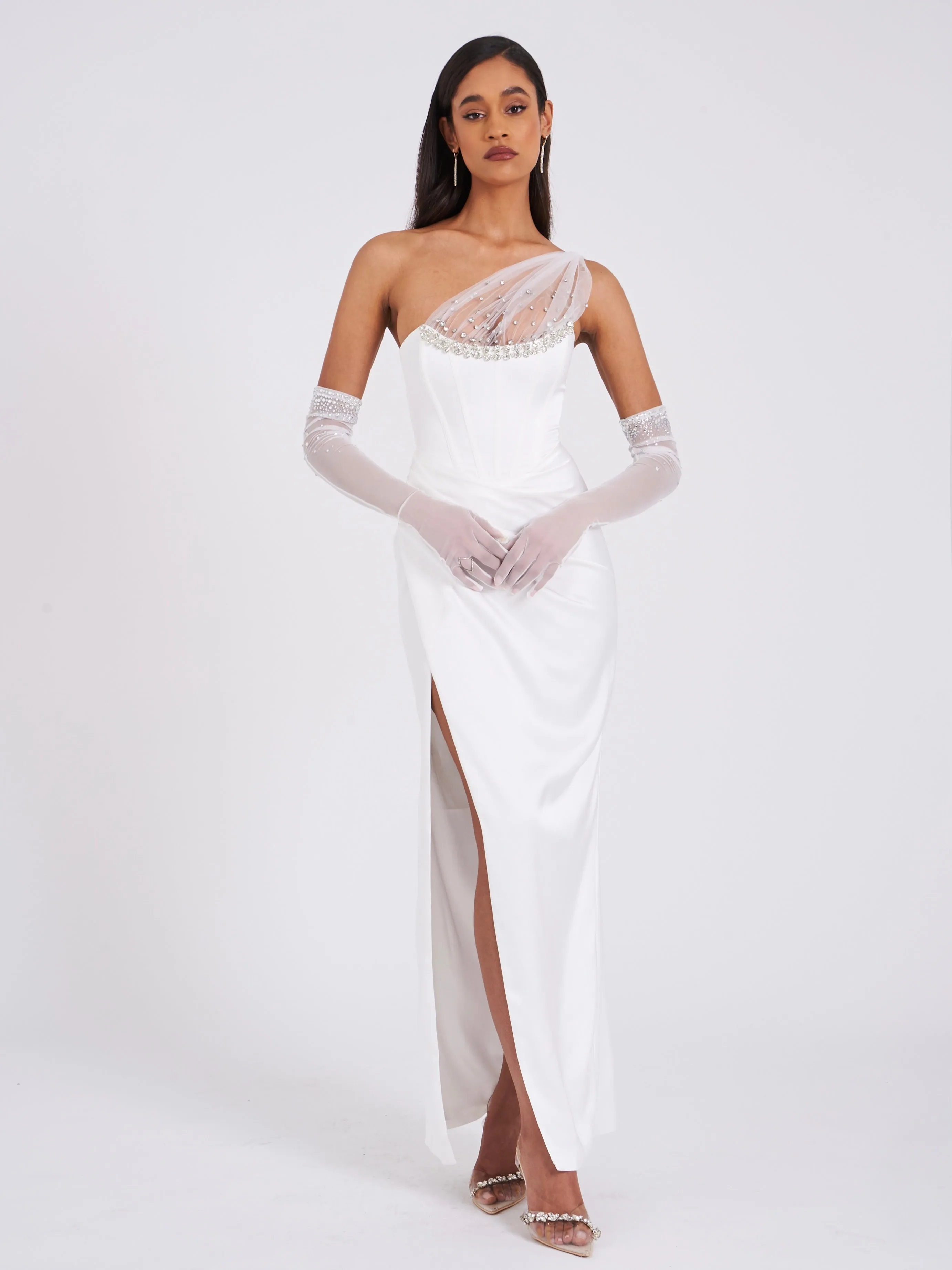 Lora White Crystal Embellished Mesh Satin Corset Gown