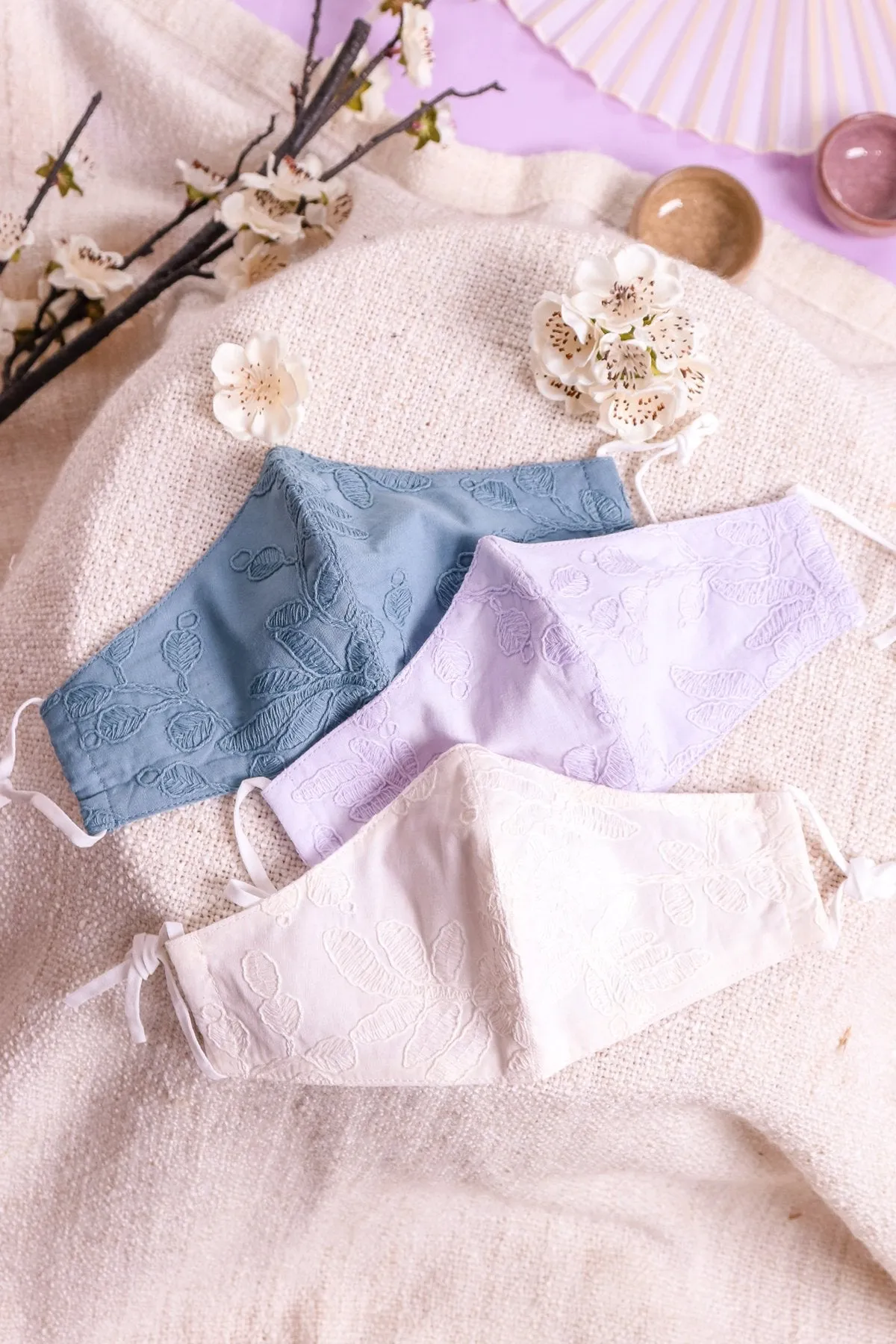 MADEBYNM DALENA EMBROIDERED RUCHED MASK