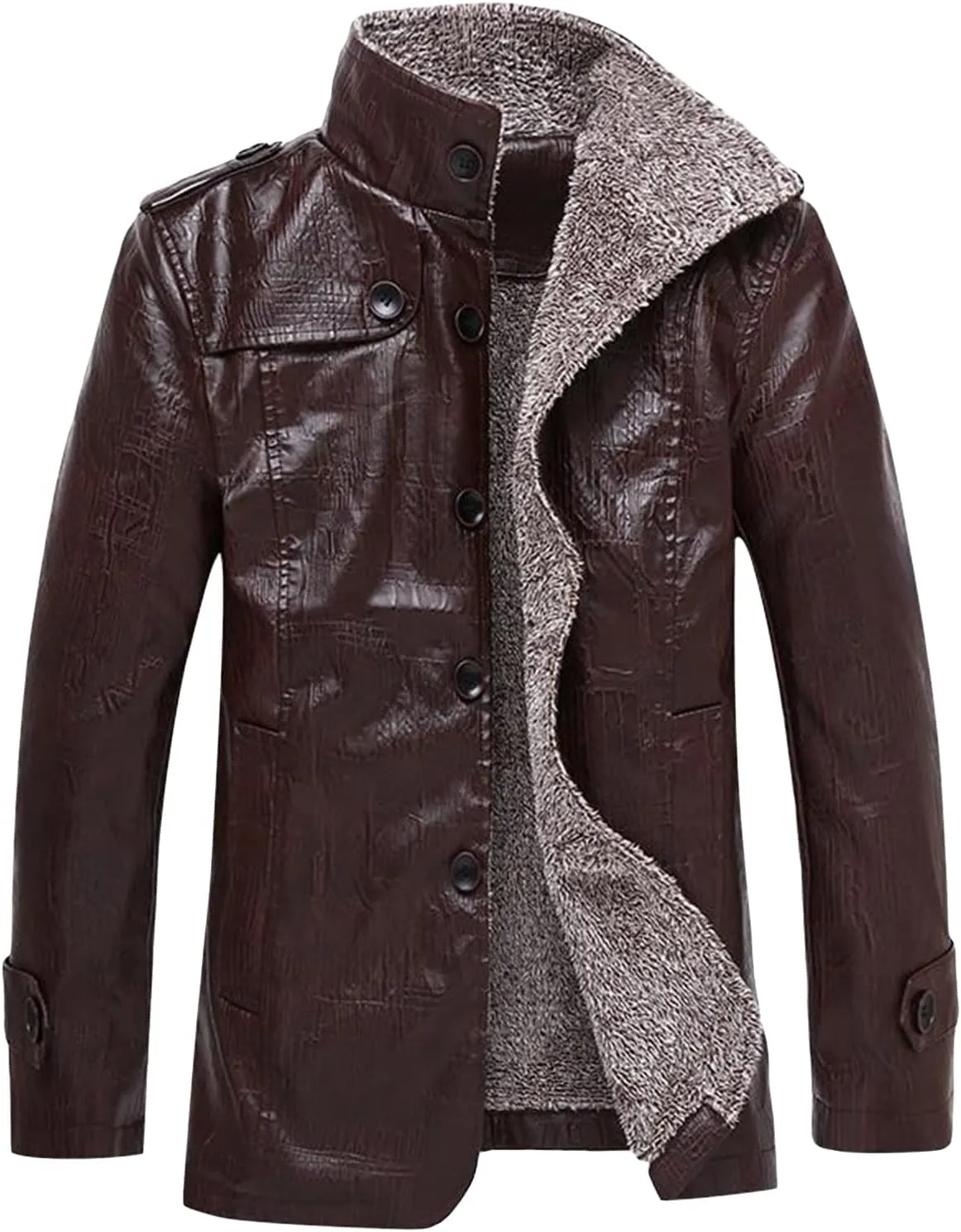 Maiyifu-GJ Men Faux Leather Lapel Zip Up Jacket Retro Casual Slim Fit Fleece Jackets Sherpa Lined Winter Warm Trucker Coat