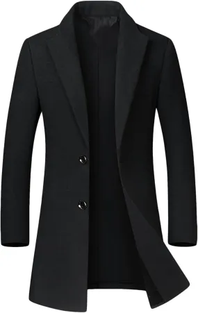 Maiyifu-GJ Men's Mid-Length Single Breasted Coat Notch Lapel Slim Top Pea Coats Winter Windproof Business Trench Overcoat