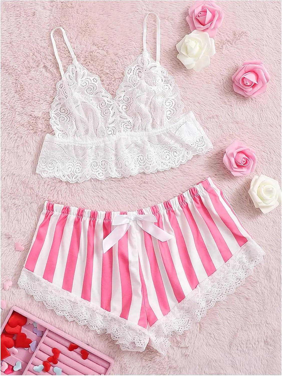 MakeMeChic Women's 2 Piece Pajama Set Lace Trim V Neck Bralette Crop Top and Satin Silk Striped Shorts PJ Sets