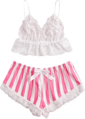 MakeMeChic Women's 2 Piece Pajama Set Lace Trim V Neck Bralette Crop Top and Satin Silk Striped Shorts PJ Sets