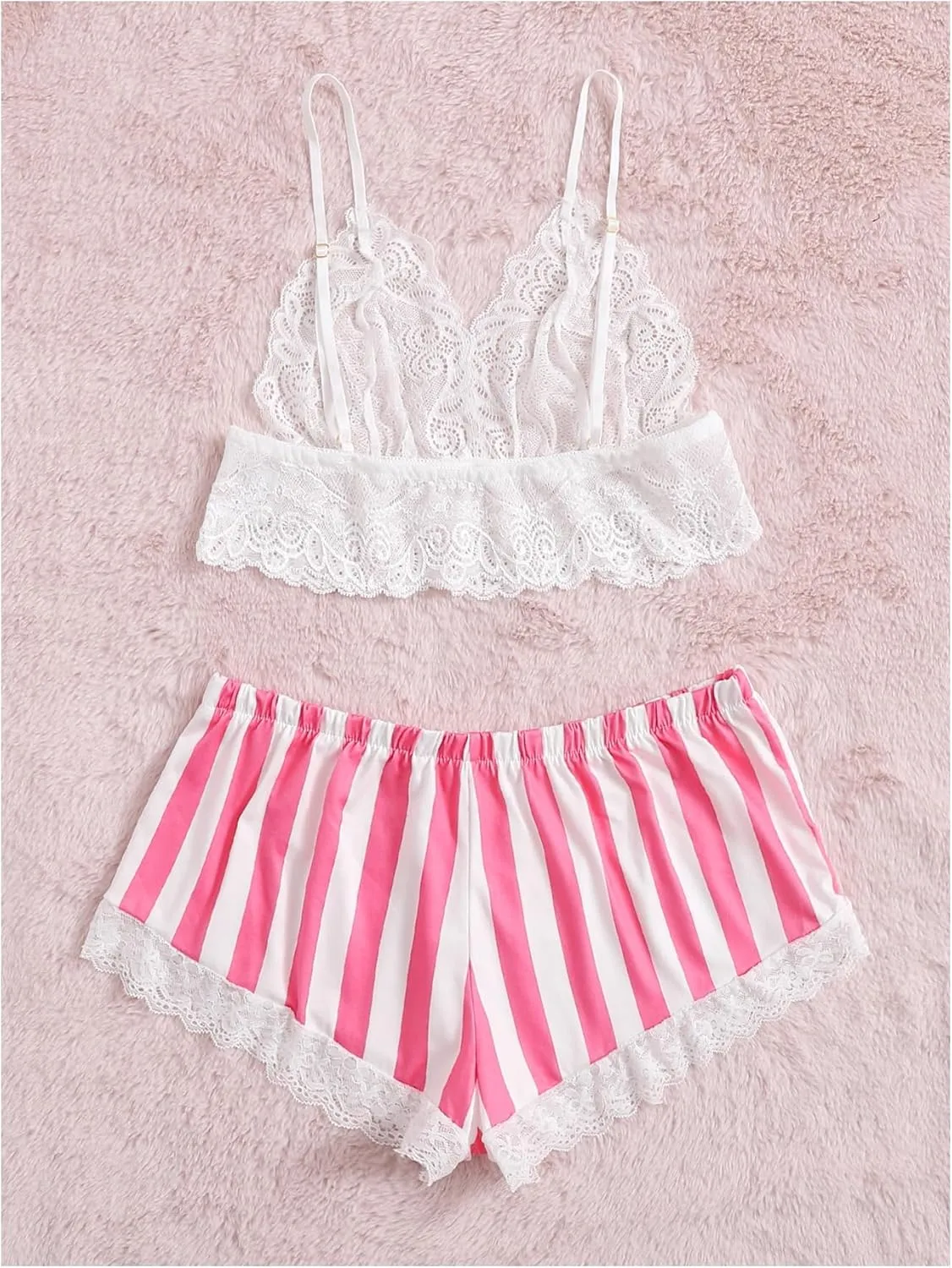 MakeMeChic Women's 2 Piece Pajama Set Lace Trim V Neck Bralette Crop Top and Satin Silk Striped Shorts PJ Sets