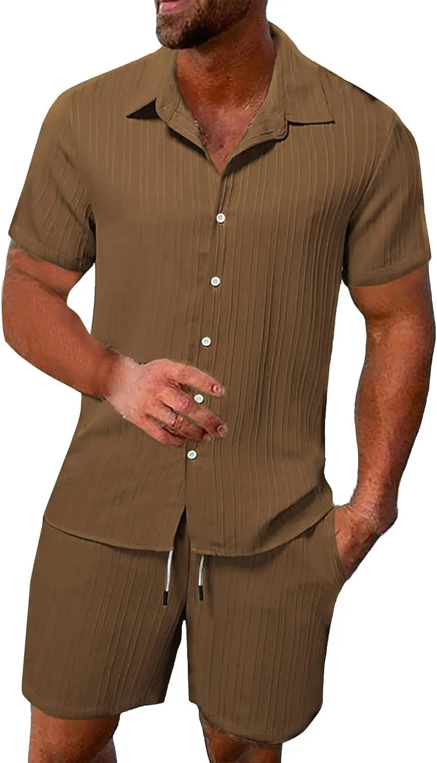 Mens 2 Piece Short Set, Hippie Short Sleeve Button Down Shirt Drawstring Waist Shorts 2 Piece Beach Outfits for Men