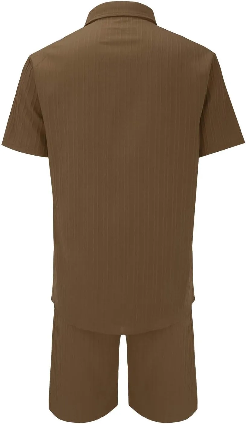 Mens 2 Piece Short Set, Hippie Short Sleeve Button Down Shirt Drawstring Waist Shorts 2 Piece Beach Outfits for Men
