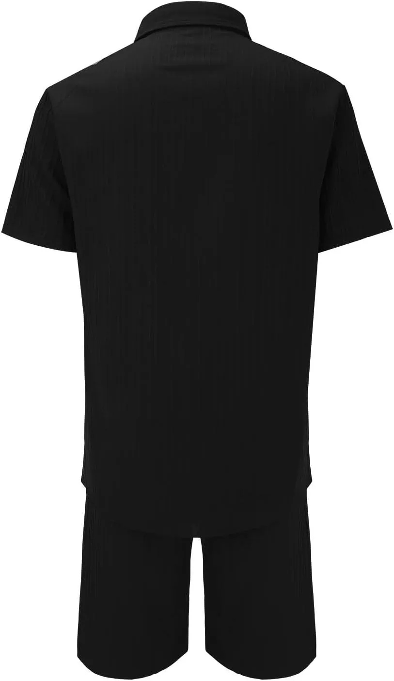 Mens 2 Piece Short Set, Hippie Short Sleeve Button Down Shirt Drawstring Waist Shorts 2 Piece Beach Outfits for Men