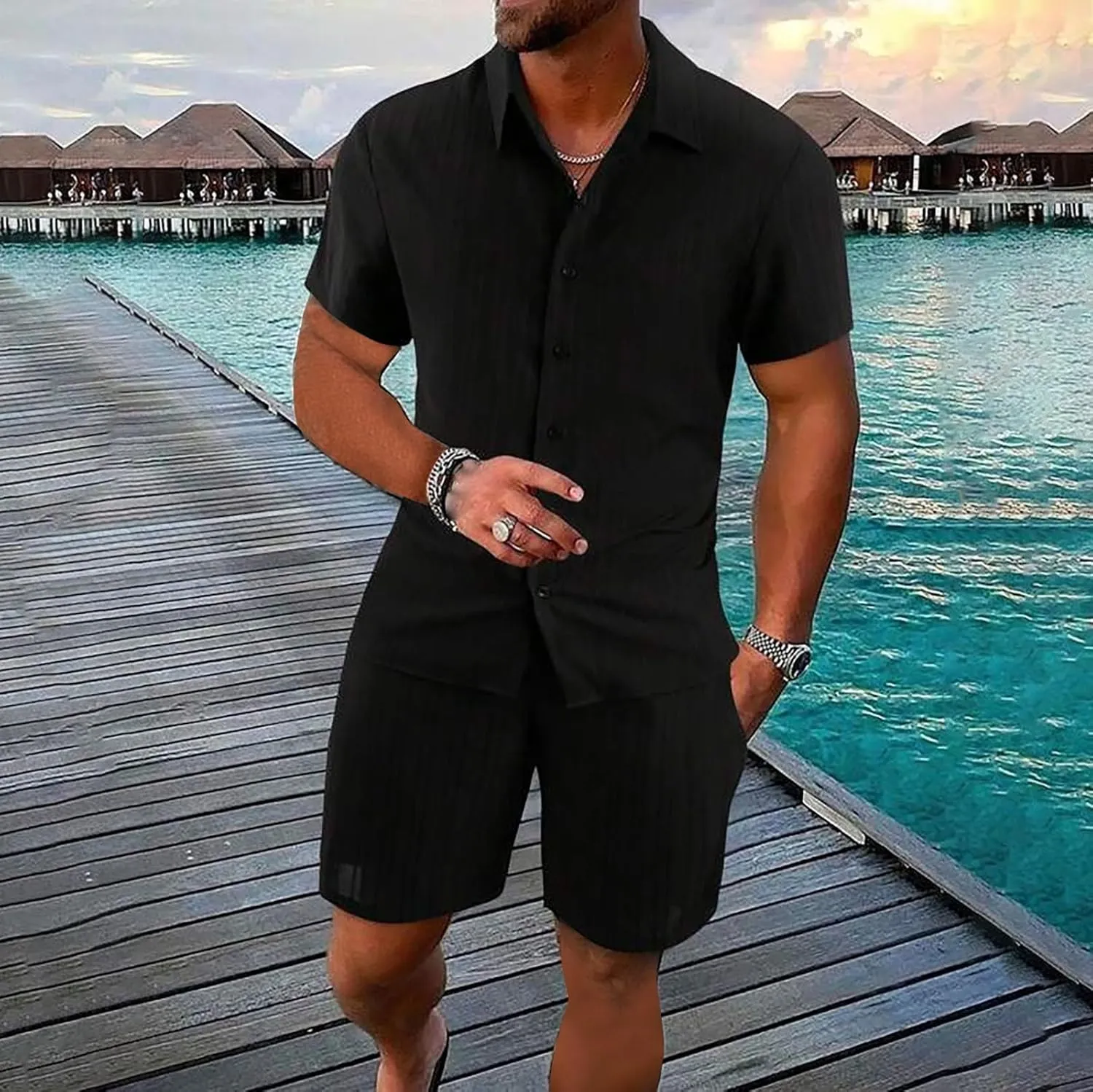 Mens 2 Piece Short Set, Hippie Short Sleeve Button Down Shirt Drawstring Waist Shorts 2 Piece Beach Outfits for Men