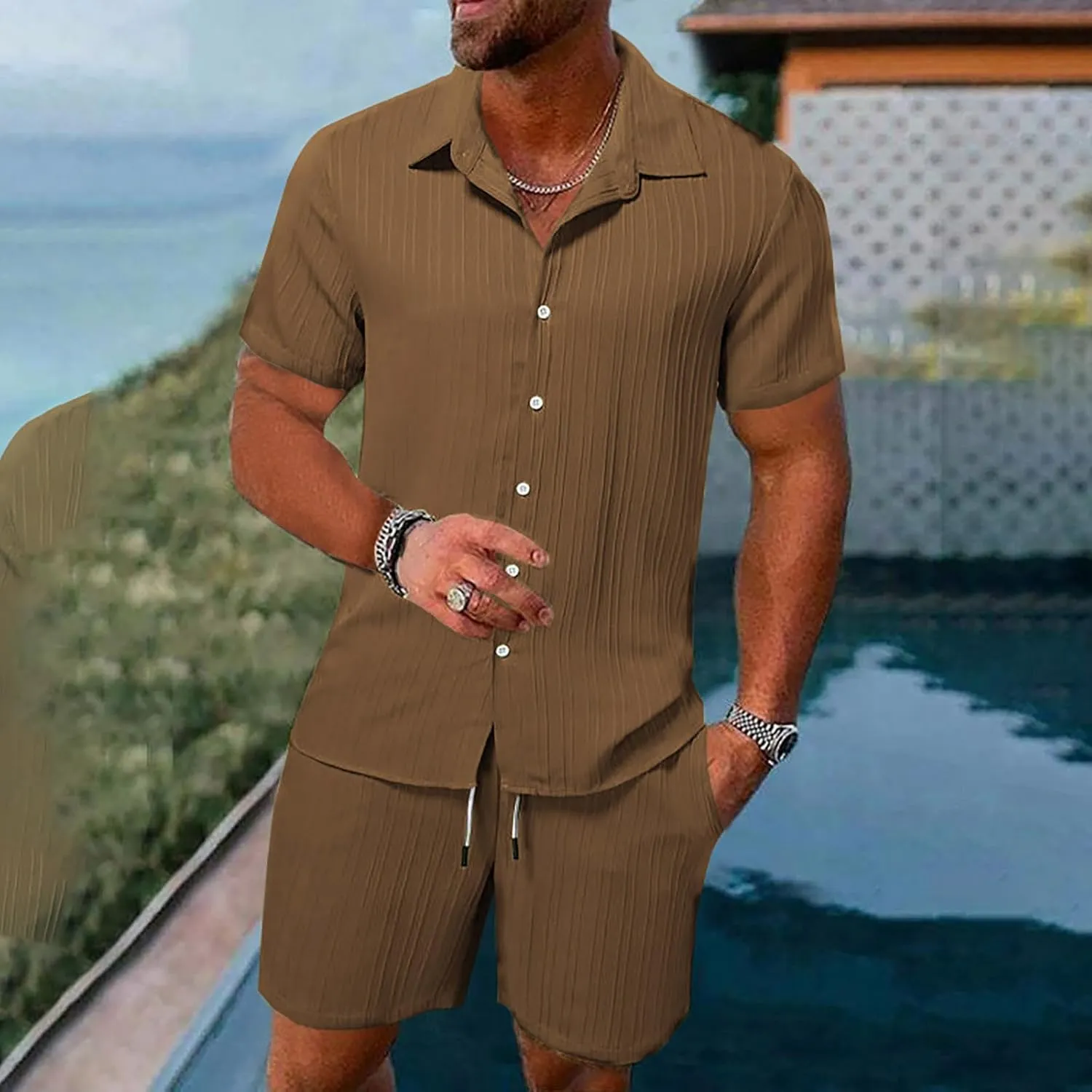 Mens 2 Piece Short Set, Hippie Short Sleeve Button Down Shirt Drawstring Waist Shorts 2 Piece Beach Outfits for Men