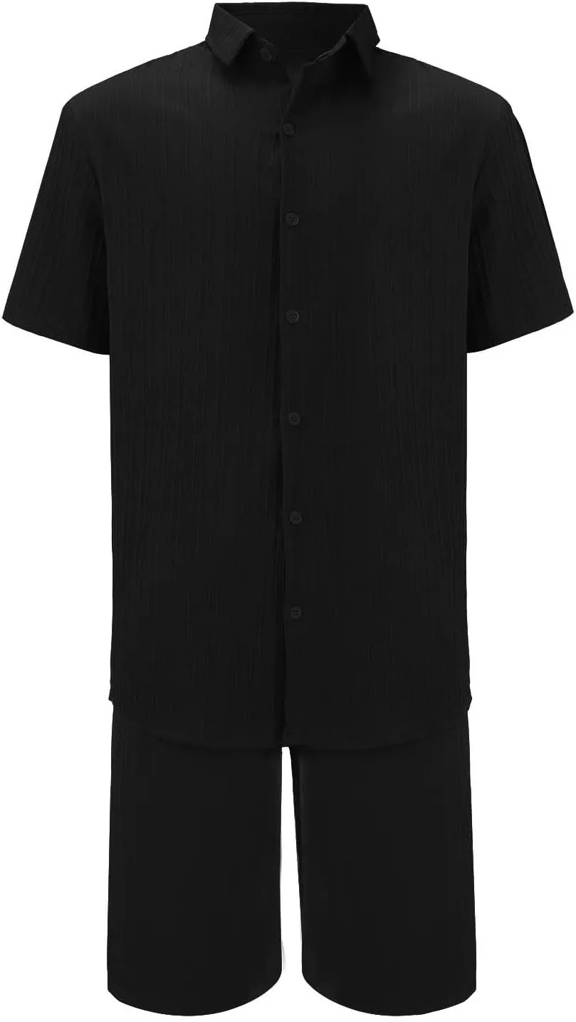 Mens 2 Piece Short Set, Hippie Short Sleeve Button Down Shirt Drawstring Waist Shorts 2 Piece Beach Outfits for Men