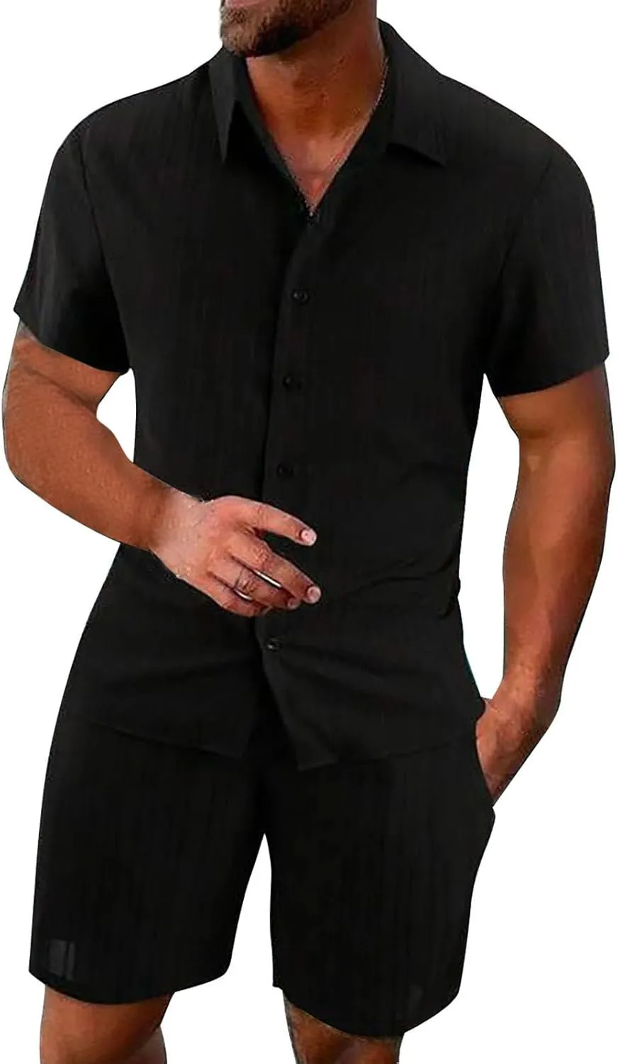 Mens 2 Piece Short Set, Hippie Short Sleeve Button Down Shirt Drawstring Waist Shorts 2 Piece Beach Outfits for Men