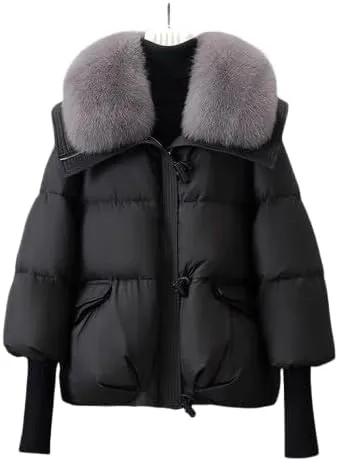 Omara Puffer Fur Coat, Women Casual Faux Fur Lapel Puffer, Women's Winter Warm Down Coats Thicken fashions Puffer Jacket