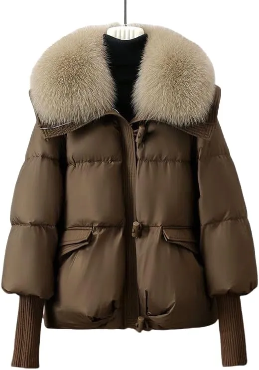 Omara Puffer Fur Coat, Women Casual Faux Fur Lapel Puffer, Women's Winter Warm Down Coats Thicken fashions Puffer Jacket