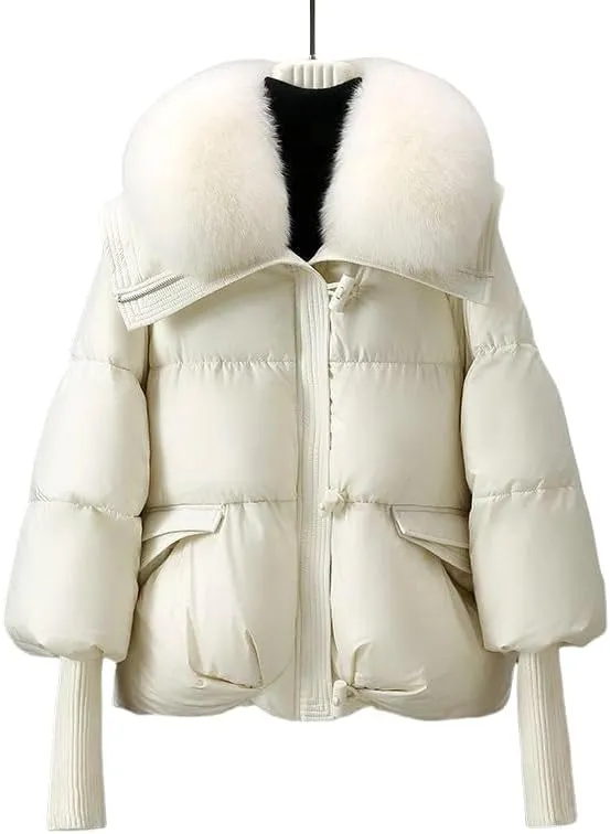 Omara Puffer Fur Coat, Women Casual Faux Fur Lapel Puffer, Women's Winter Warm Down Coats Thicken fashions Puffer Jacket