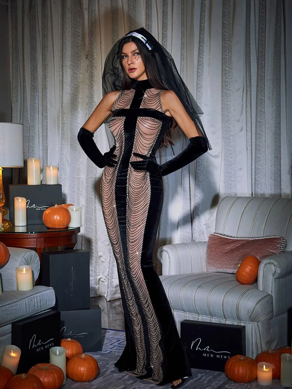Pablo High Neck Chain Fringe Maxi Dress With Gloves In Black