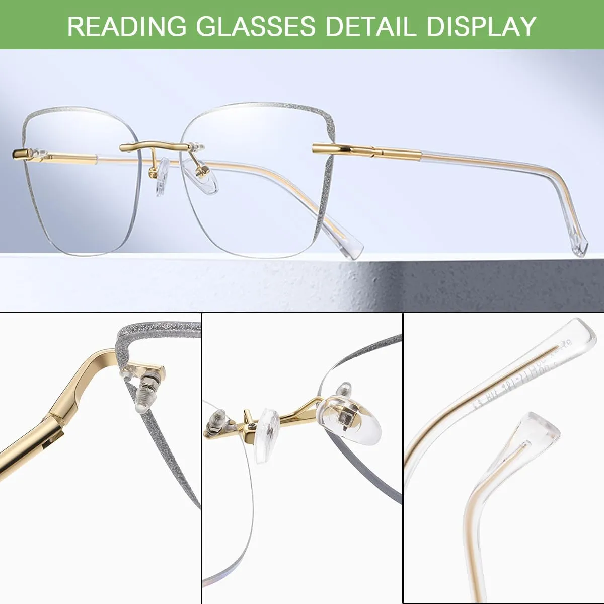 Reading Glasses for Women Fashion Square Rimless Blue Light Blocking Readers with Spring Hinge Eyeglasses