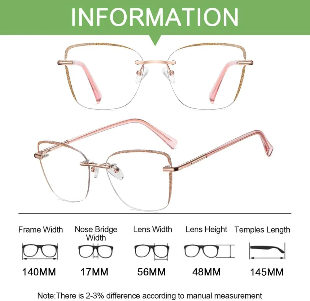 Reading Glasses for Women Fashion Square Rimless Blue Light Blocking Readers with Spring Hinge Eyeglasses
