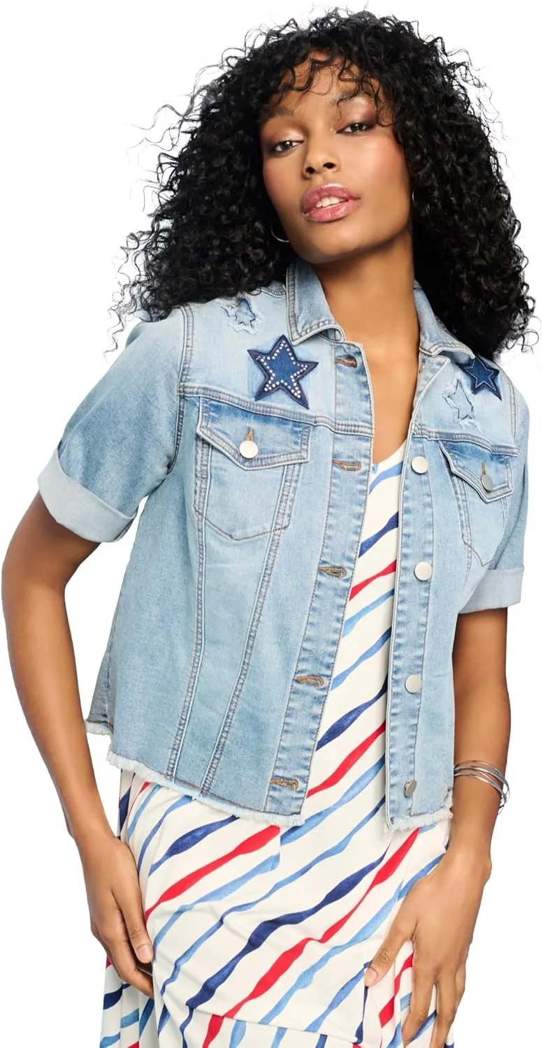 Roaman's Women's Plus Size Embellished Short-Sleeve Stretch Denim Jacket