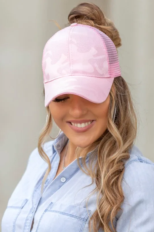 Sleek Camo Messy Snapback Mesh Back Fashion Bun Cap
