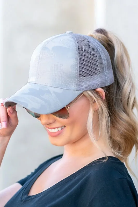 Sleek Camo Messy Snapback Mesh Back Fashion Bun Cap